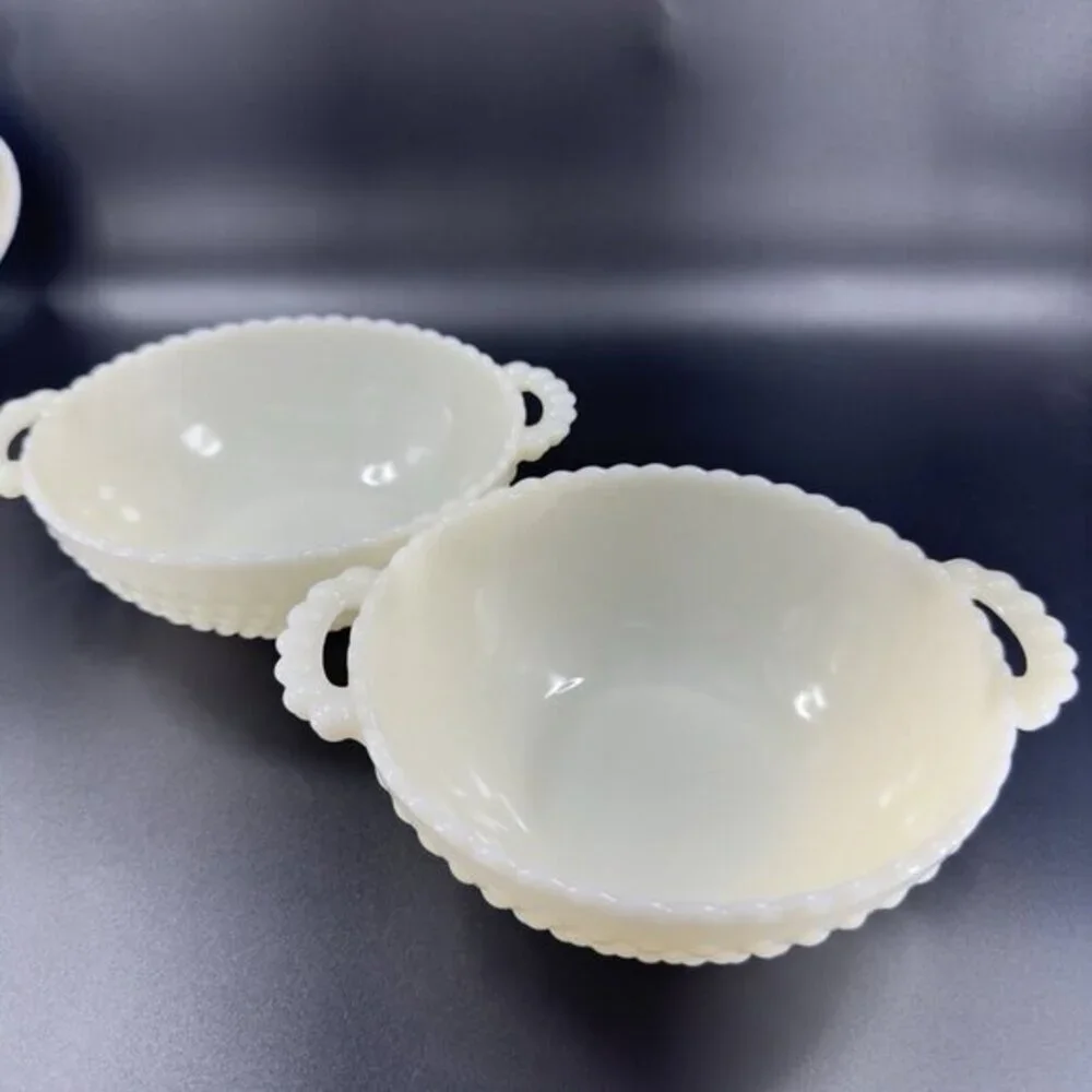 Anchor Hocking French Ivory Hobnail Bowl Dish With Handles‎ Glass Set 2 Vintage